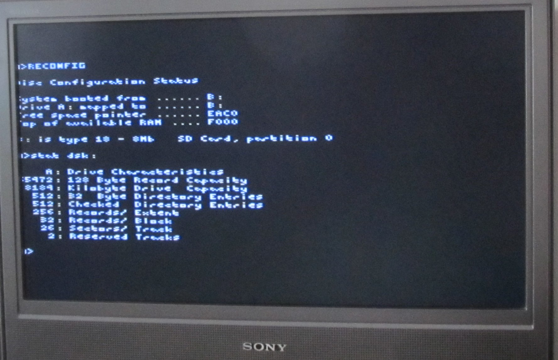 CPM booting on a lo res 64 column screen.